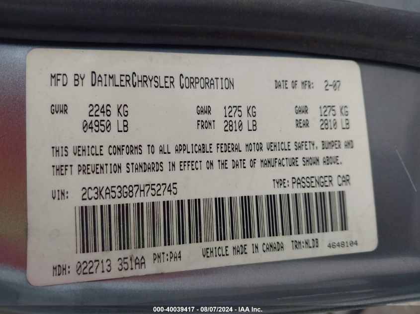 2007 Chrysler 300 Touring VIN: 2C3KA53G87H752745 Lot: 40039417