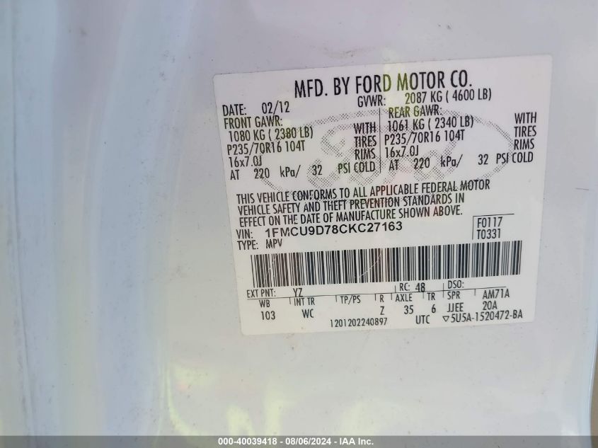 2012 Ford Escape Xlt VIN: 1FMCU9D78CKC27163 Lot: 40039418