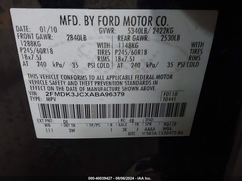 2010 Ford Edge Sel VIN: 2FMDK3JCXABA96379 Lot: 40039427