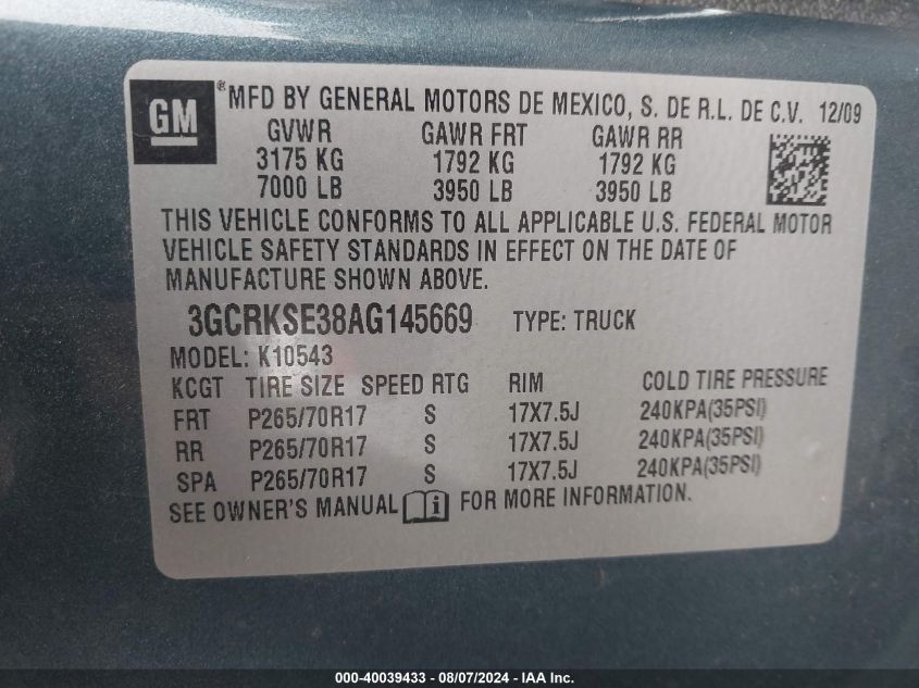 2010 Chevrolet Silverado 1500 Lt VIN: 3GCRKSE38AG145669 Lot: 40039433