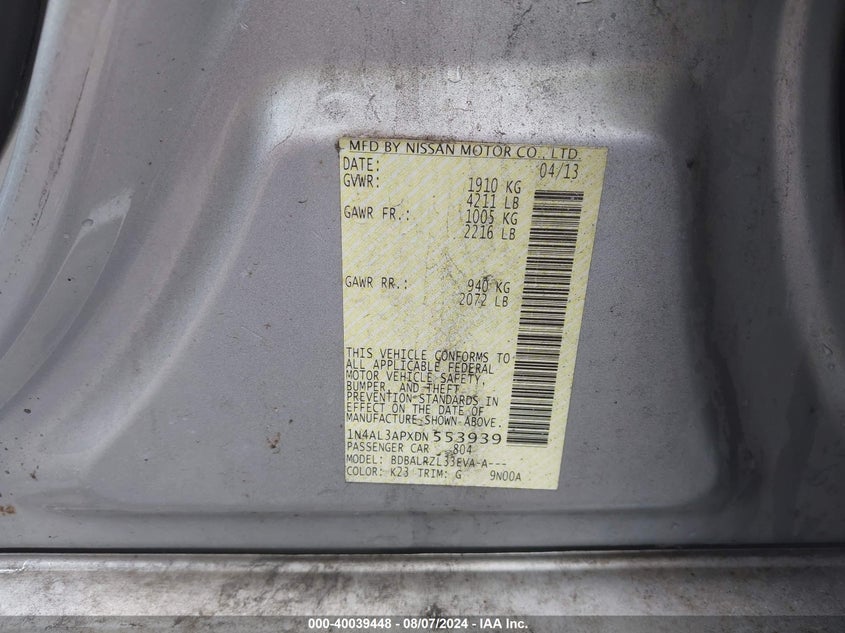 1N4AL3APXDN553939 2013 Nissan Altima 2.5 S