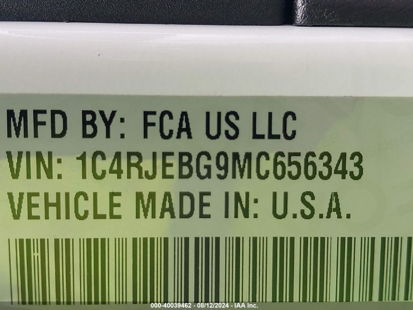 2021 Jeep Grand Cherokee Limited 4X2 VIN: 1C4RJEBG9MC656343 Lot: 40039462