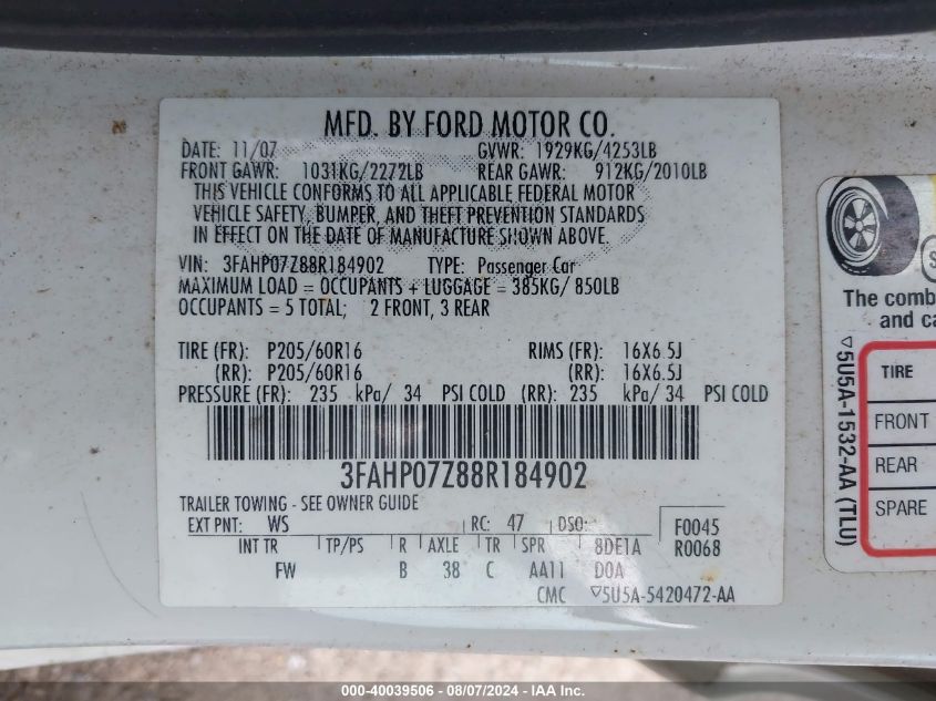 2008 Ford Fusion Se VIN: 3FAHP07Z88R184902 Lot: 40039506