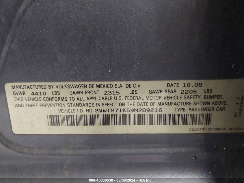 2009 Volkswagen Jetta 2.5L Se VIN: 3VWTM71K59M289216 Lot: 40039530