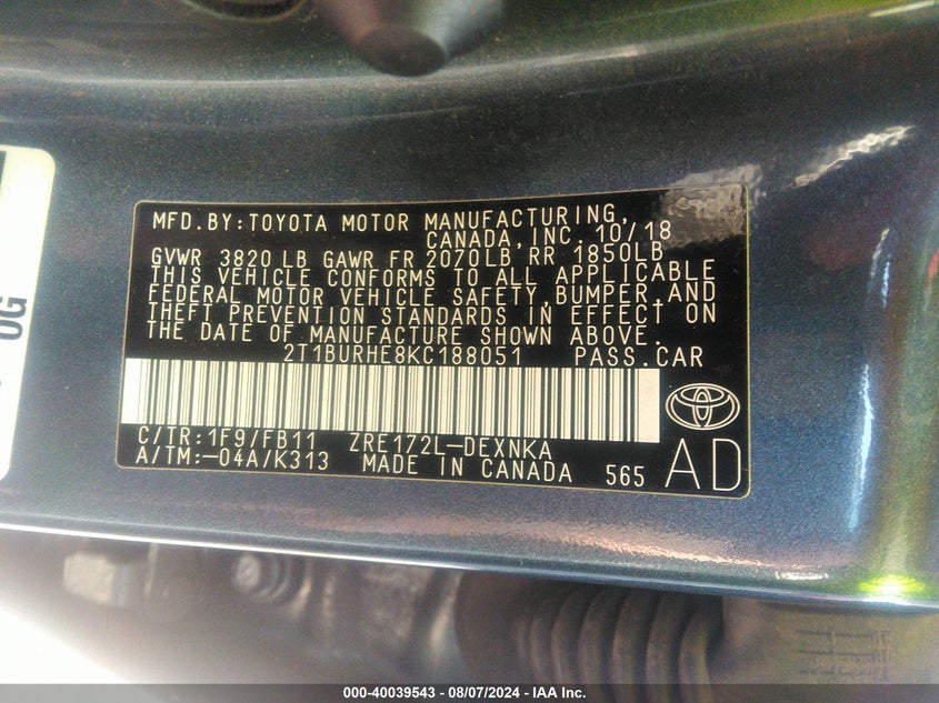 VIN 2T1BURHE8KC188051 2019 TOYOTA COROLLA L/LE/XLE/SE/XSE
