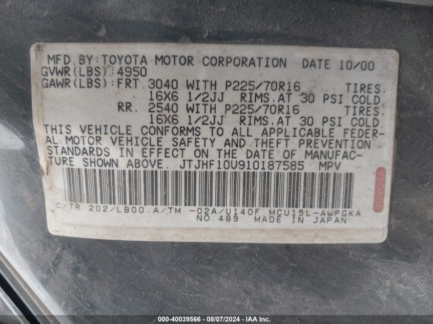 2001 Lexus Rx 300 VIN: JTJHF10U910187585 Lot: 40039566