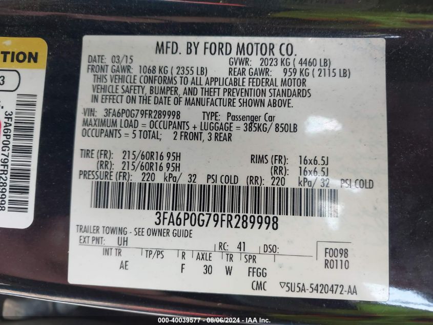 2015 FORD FUSION S - 3FA6P0G79FR289998