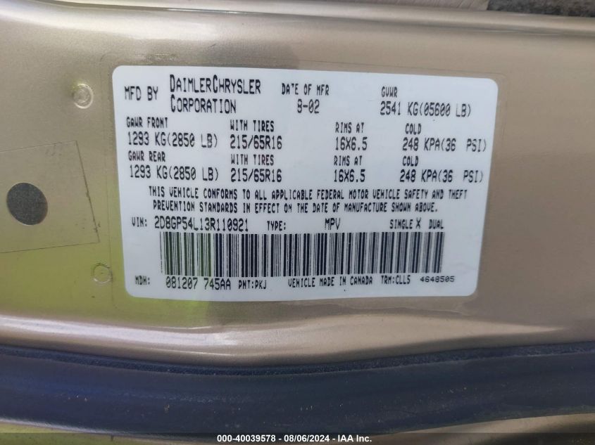 2003 Dodge Grand Caravan Es VIN: 2D8GP54L13R110921 Lot: 40039578