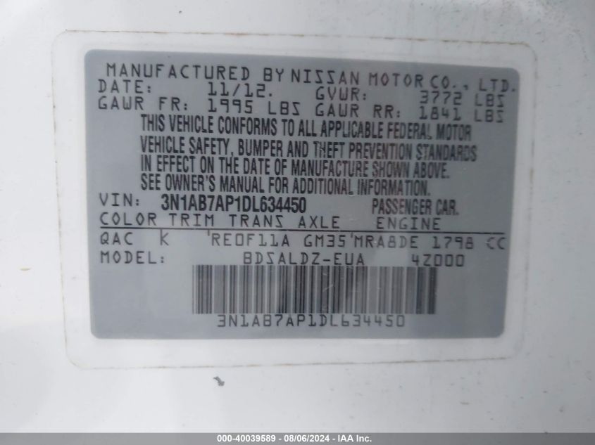 2013 Nissan Sentra Sv VIN: 3N1AB7AP1DL634450 Lot: 40039589