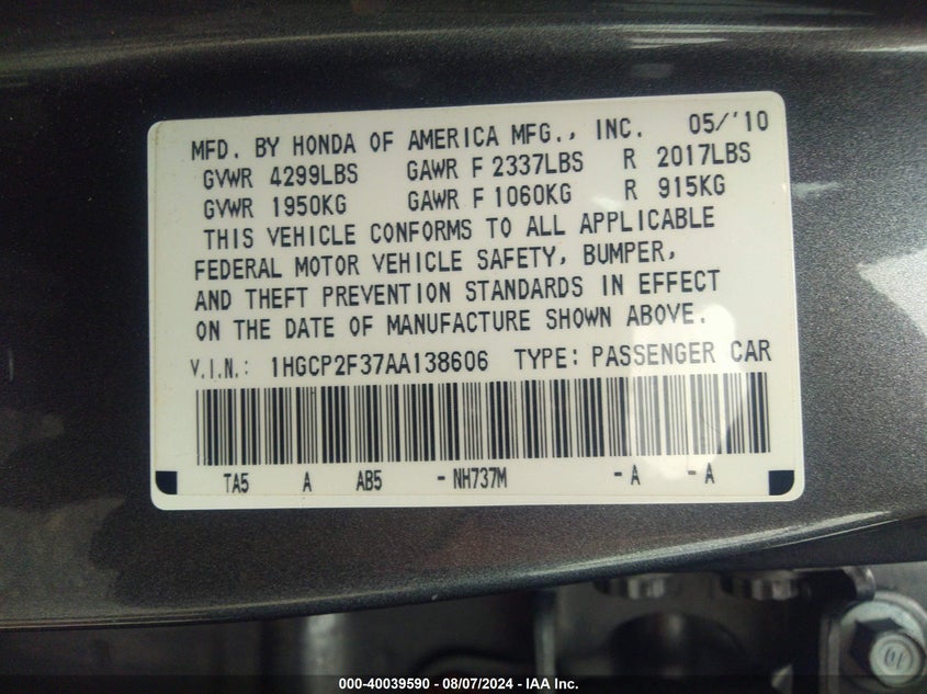 2010 Honda Accord Lx VIN: 1HGCP2F37AA138606 Lot: 40039590