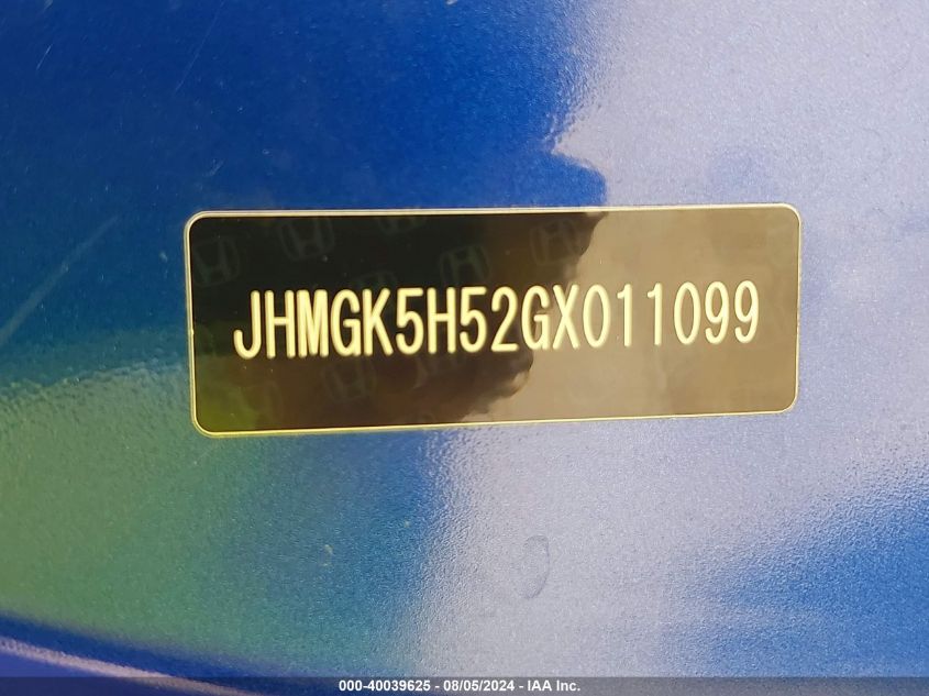 2016 Honda Fit Lx VIN: JHMGK5H52GX011099 Lot: 40039625