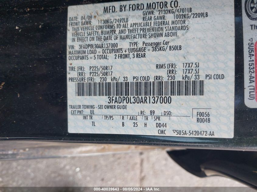 3FADP0L30AR137000 | 2010 FORD FUSION HYBRID