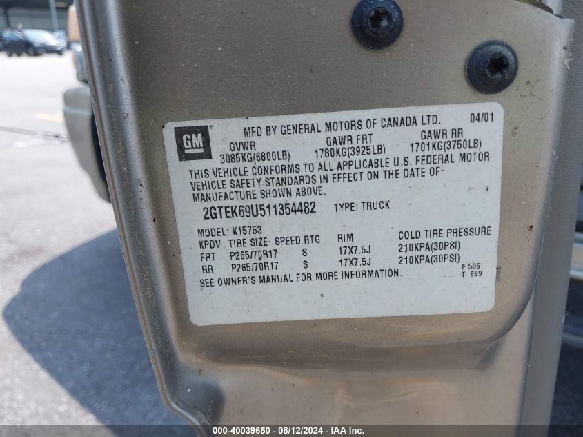 2001 GMC Sierra 1500 C3 VIN: 2GTEK69U511354482 Lot: 40039650