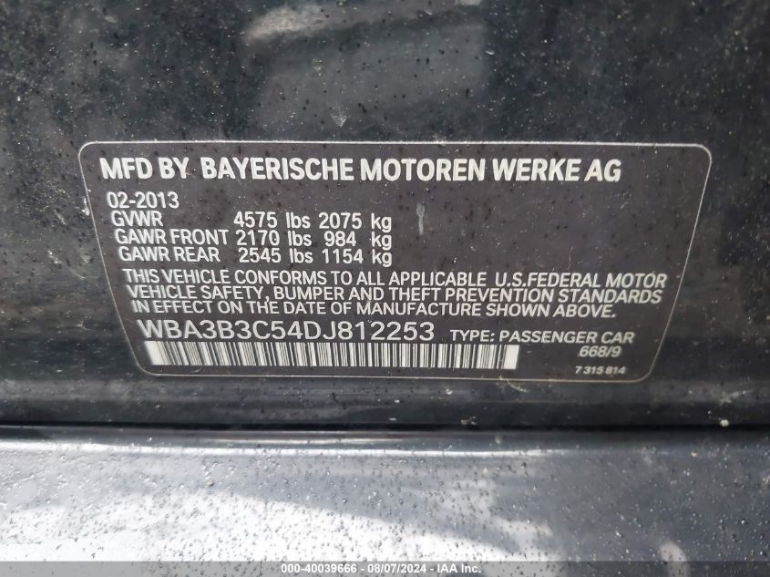 2013 BMW 328I xDrive VIN: WBA3B3C54DJ812253 Lot: 40039666