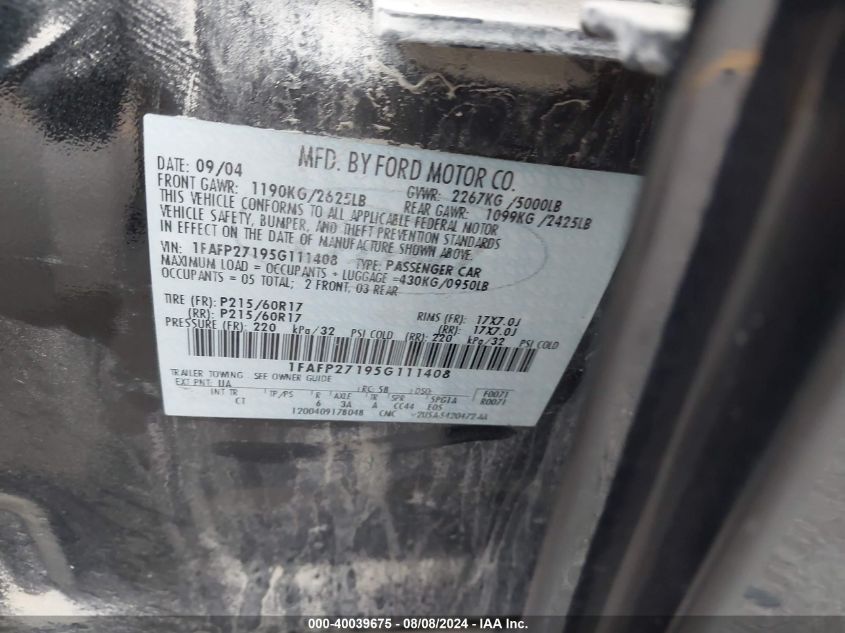 2005 Ford Five Hundred Sel VIN: 1FAFP27195G111408 Lot: 40039675