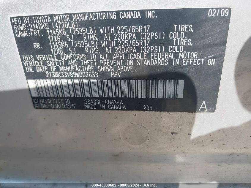 2009 Toyota Rav4 Base V6 VIN: 2T3BK33V89W002633 Lot: 40039682