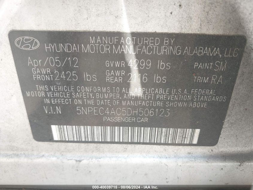 2013 Hyundai Sonata Limited VIN: 5NPEC4AC5DH506123 Lot: 40039715
