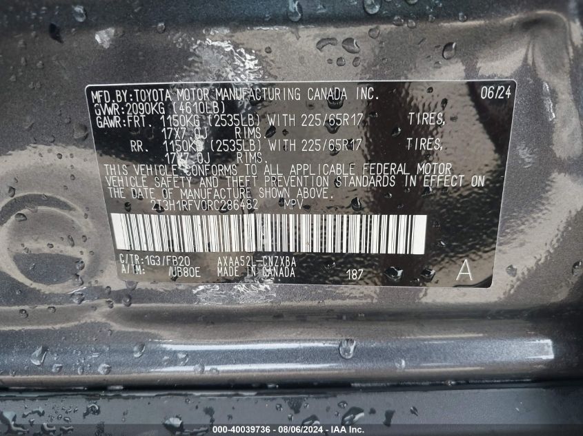 VIN 2T3H1RFV0RC286482 2024 TOYOTA RAV4 LE