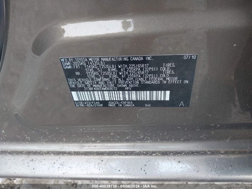 2010 Toyota Rav4 VIN: 2T3BF4DV7AW069012 Lot: 40039738