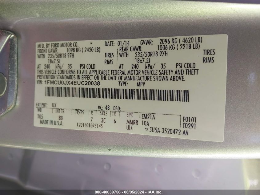 2014 Ford Escape Titanium VIN: 1FMCU0JX4EUC20038 Lot: 40039756