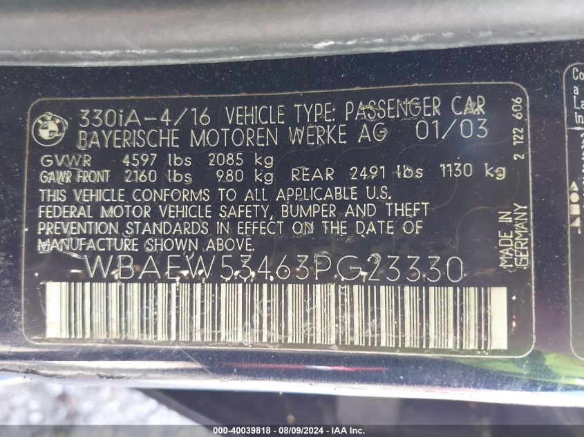 2003 BMW 330Xi VIN: WBAEW53463PG23330 Lot: 40039818