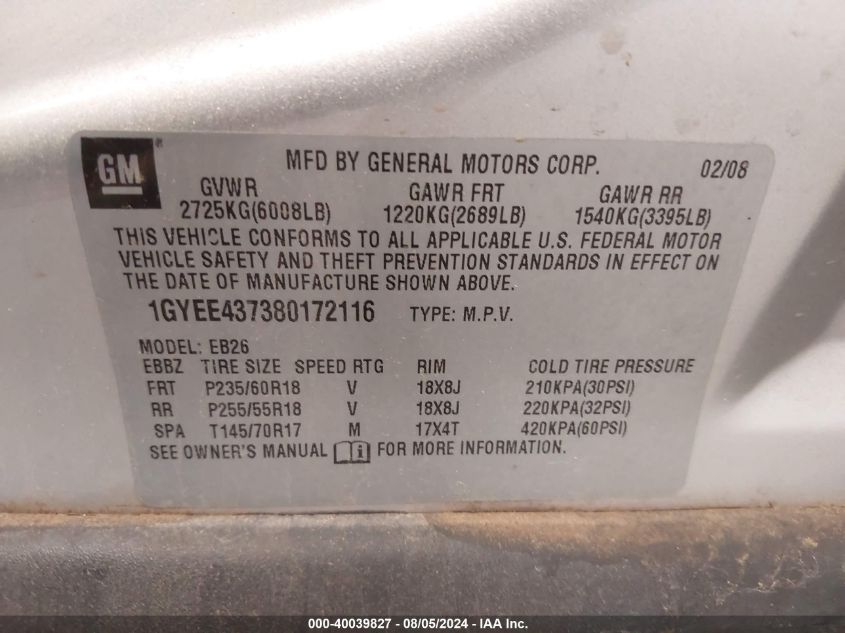 2008 Cadillac Srx V6 VIN: 1GYEE437380172116 Lot: 40039827