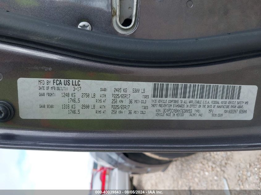 2017 Dodge Journey Se VIN: 3C4PDCABXHT630093 Lot: 40039843