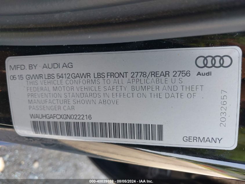 2016 Audi A6 3.0T Premium Plus VIN: WAUHGAFCXGN022216 Lot: 40039859