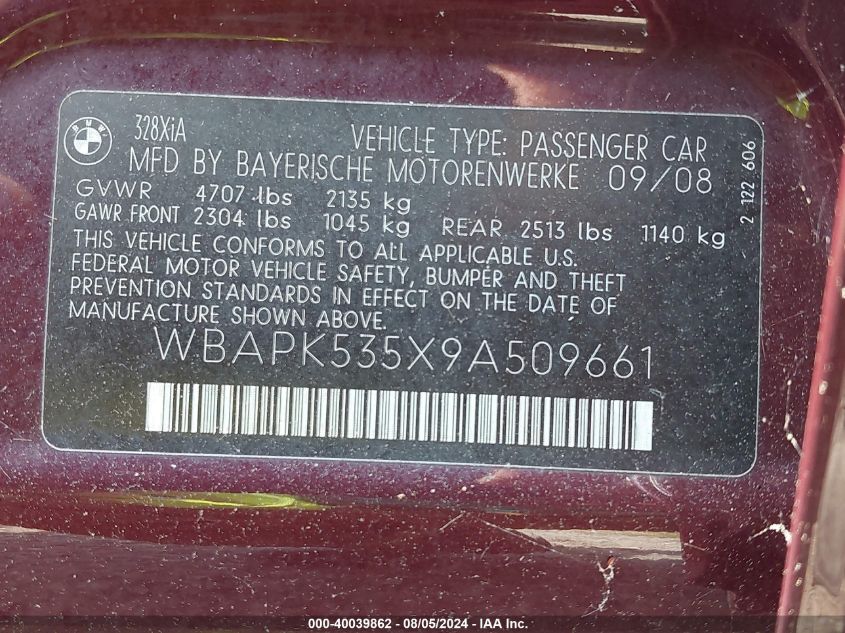 2009 BMW 328I xDrive VIN: WBAPK535X9A509661 Lot: 40039862