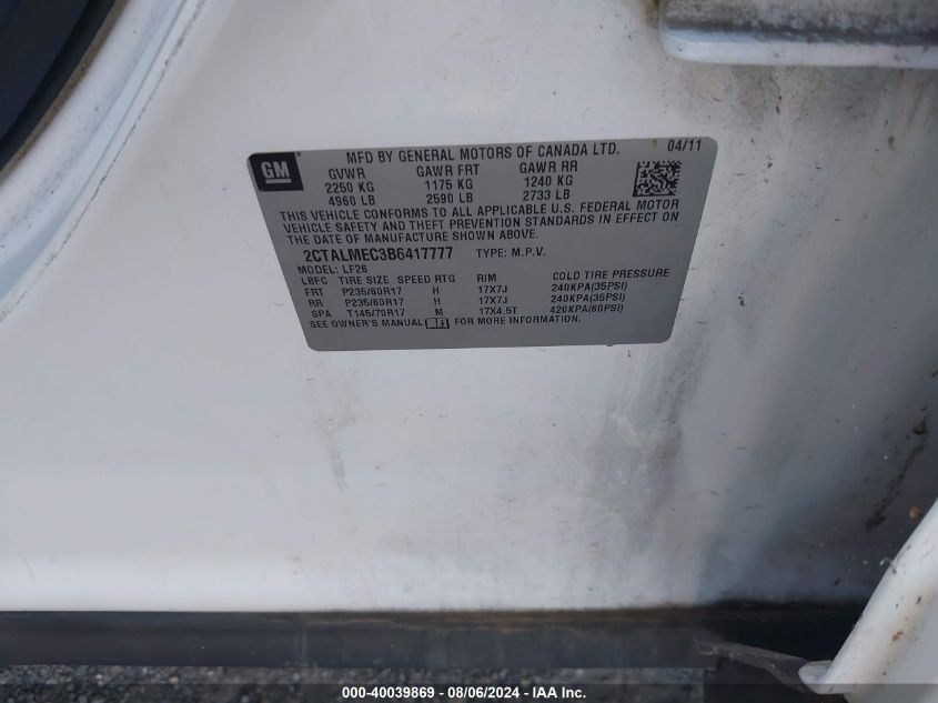2011 GMC Terrain Sle-1 VIN: 2CTALMEC3B6417777 Lot: 40039869