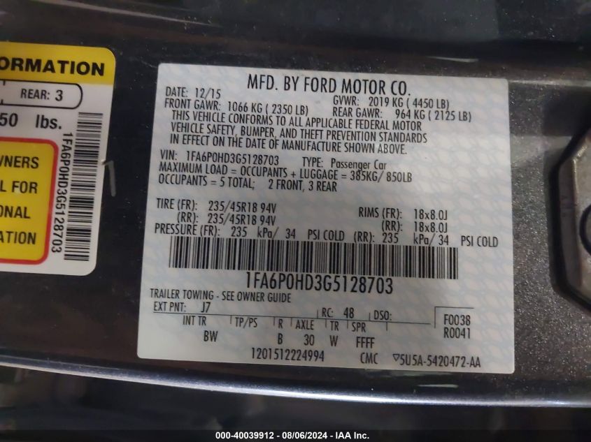 2016 FORD FUSION SE - 1FA6P0HD3G5128703