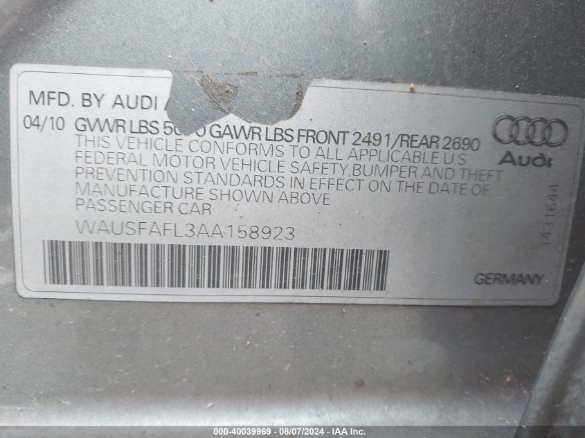 2010 Audi A4 2.0T Premium VIN: WAUSFAFL3AA158923 Lot: 40039969