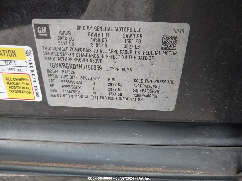 2017 Chevrolet Traverse 1Lt VIN: 1GNKRGKD1HJ196969 Lot: 40040006