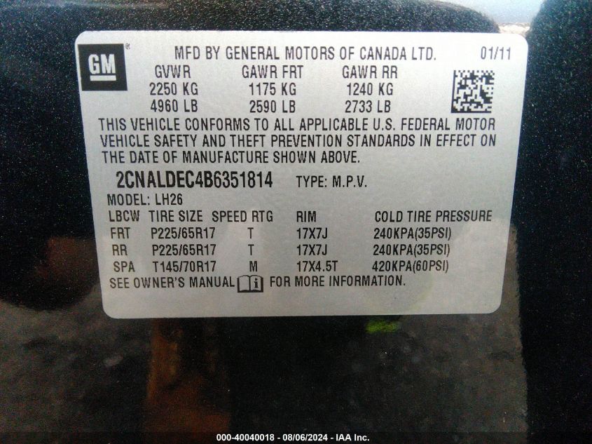 2011 Chevrolet Equinox 1Lt VIN: 2CNALDEC4B6351814 Lot: 40040018