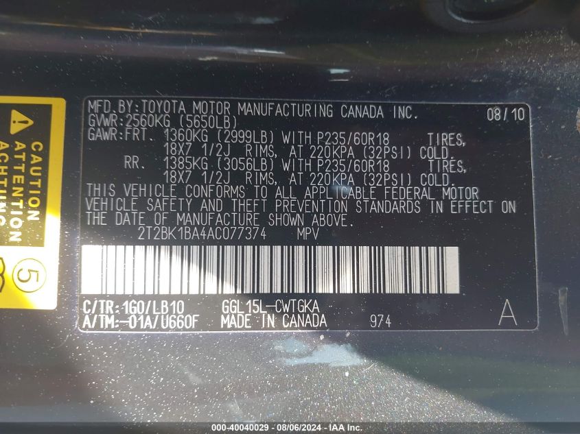 2010 Lexus Rx 350 VIN: 2T2BK1BA4AC077374 Lot: 40040029