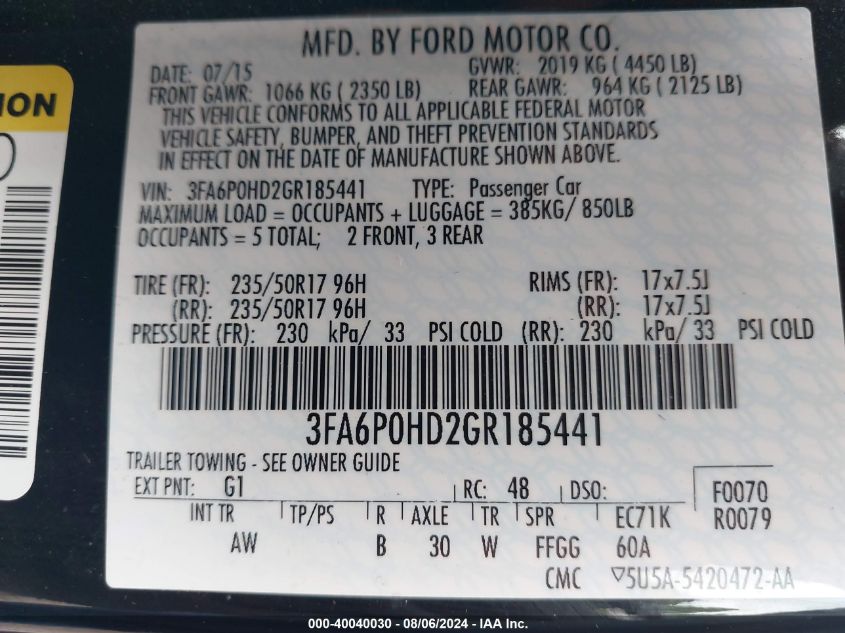 2016 FORD FUSION SE - 3FA6P0HD2GR185441