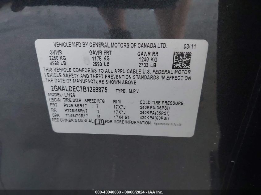 2011 Chevrolet Equinox 1Lt VIN: 2GNALDEC7B1269875 Lot: 40040033