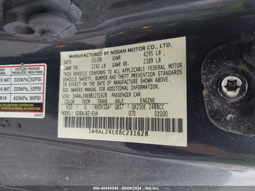 2008 Nissan Altima 2.5 S VIN: 1N4AL24E88C231628 Lot: 40040045