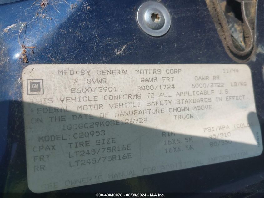 1995 Chevrolet Gmt-400 C2500 VIN: 1GCGC29K0SE126922 Lot: 40040078