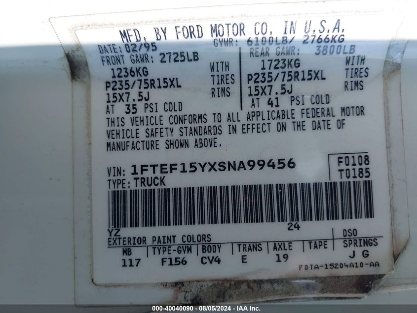 1995 Ford F150 VIN: 1FTEF15YXSNA99456 Lot: 40040090