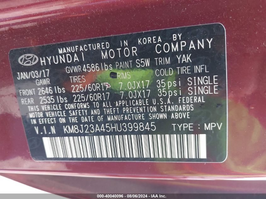 KM8J23A45HU399845 2017 Hyundai Tucson Se