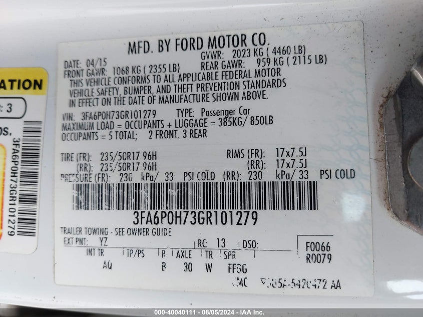 2016 Ford Fusion Se VIN: 3FA6P0H73GR101279 Lot: 40040111