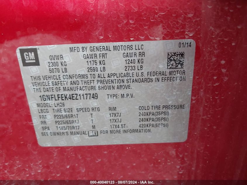 2014 Chevrolet Equinox 1Lt VIN: 1GNFLFEK4EZ117749 Lot: 40040123