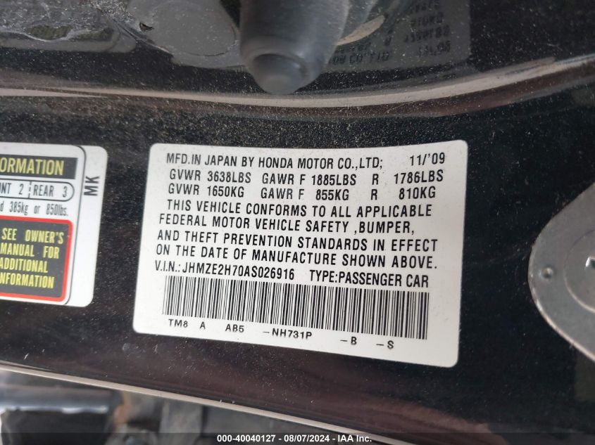 2010 Honda Insight Ex VIN: JHMZE2H70AS026916 Lot: 40040127