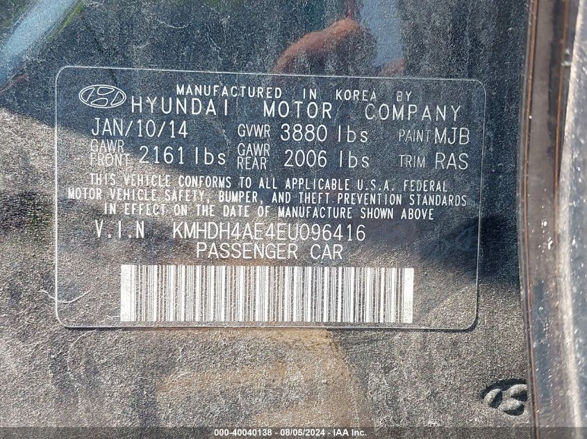 2014 Hyundai Elantra Se VIN: KMHDH4AE4EU096416 Lot: 40040138