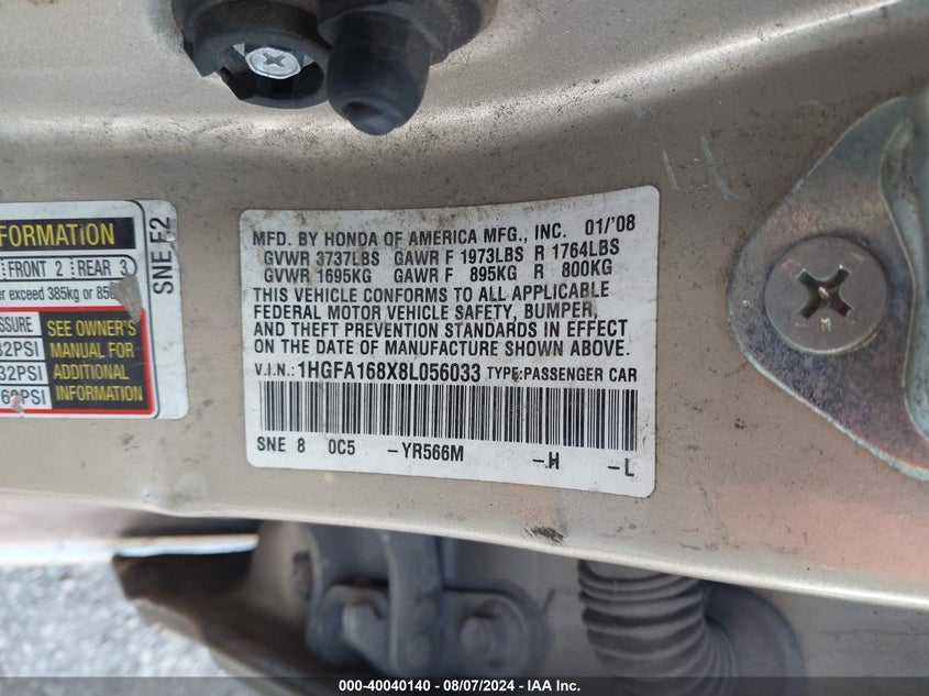 2008 Honda Civic Ex VIN: 1HGFA168X8L056033 Lot: 40040140