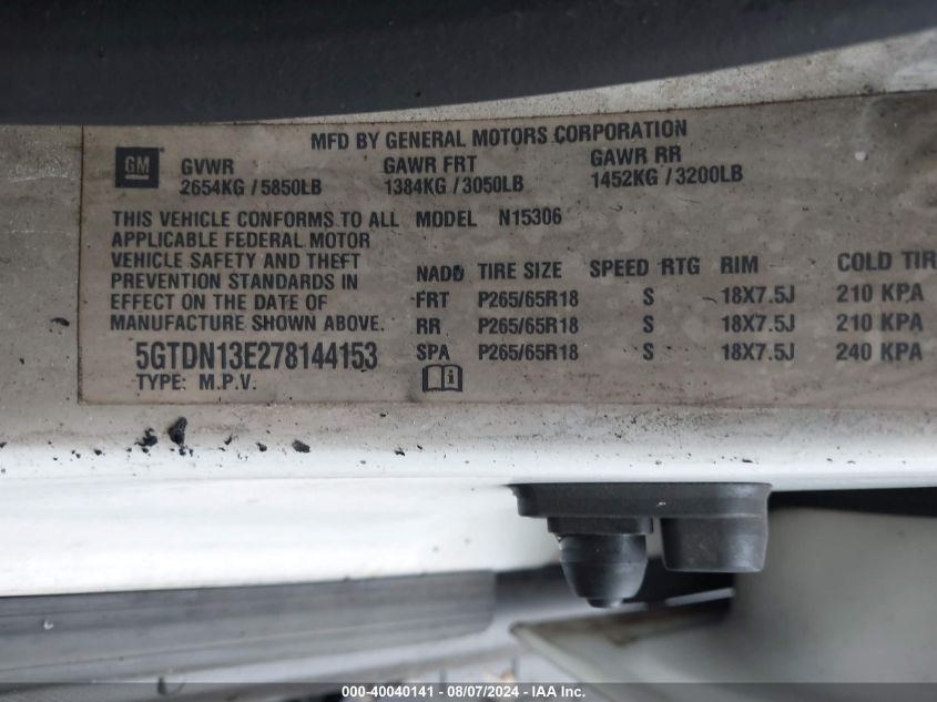 2007 Hummer H3 VIN: 5GTDN13E278144153 Lot: 40040141