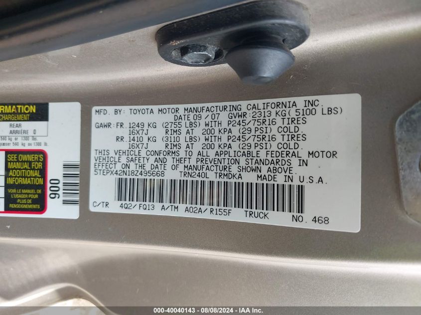 2008 Toyota Tacoma VIN: 5TEPX42N18Z495668 Lot: 40040143