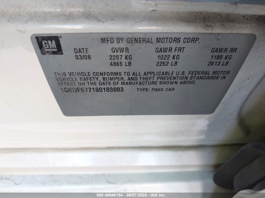 2008 Cadillac Cts Standard VIN: 1G6DF577180183083 Lot: 40040154