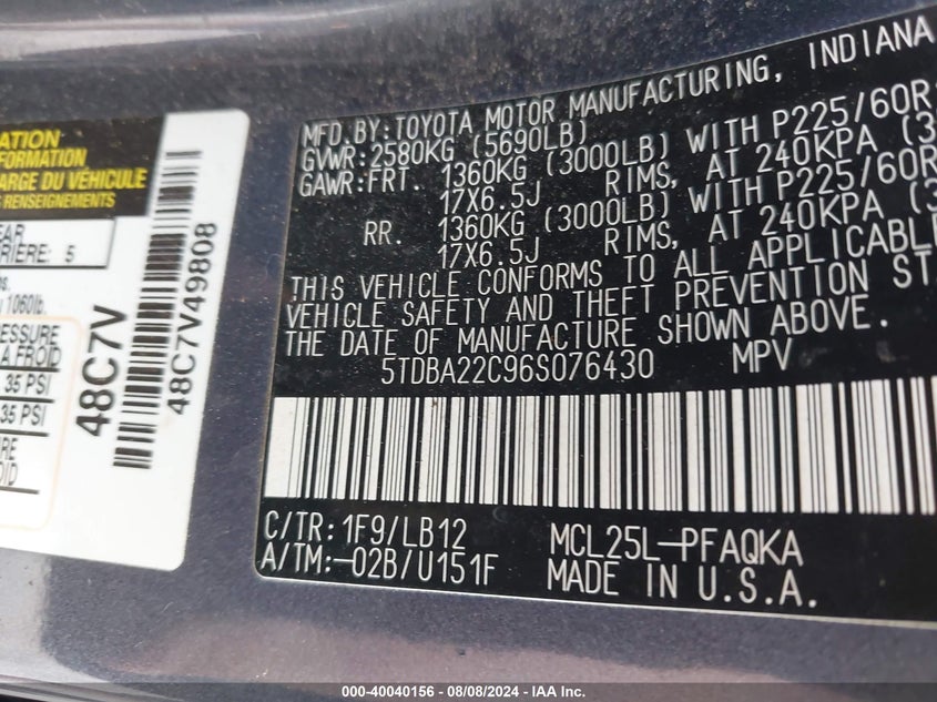 2006 Toyota Sienna Xle Limited VIN: 5TDBA22C96S076430 Lot: 40040156